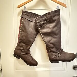 Journee Collection Sz 10 Brown Knee High Boots Red Zipper Brass Stud Faux Fur